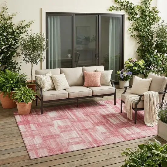 Pink And Ivory Striped Washable Indoor Outdoor Area Rug Photo 1
