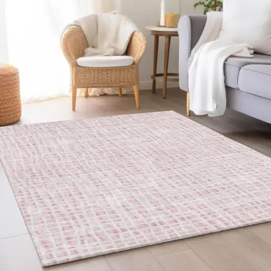 Pink And Ivory Striped Washable Indoor Outdoor Area Rug Photo 7