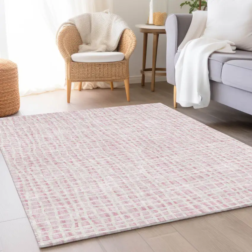 Pink And Ivory Striped Washable Indoor Outdoor Area Rug Photo 7