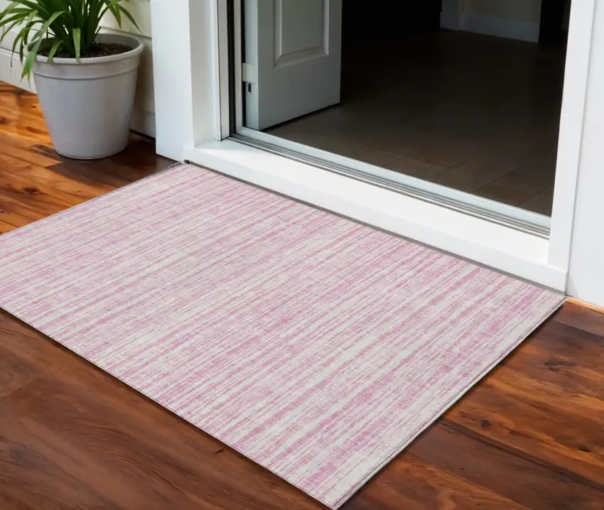 Pink And Ivory Striped Washable Indoor Outdoor Area Rug Photo 1