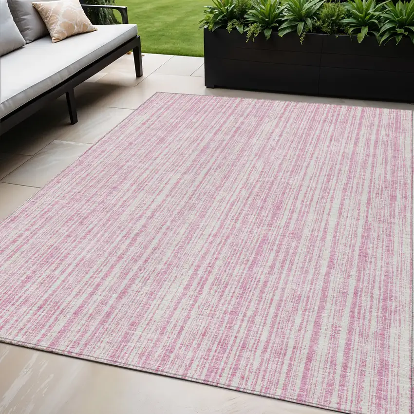 Pink And Ivory Striped Washable Indoor Outdoor Area Rug Photo 1