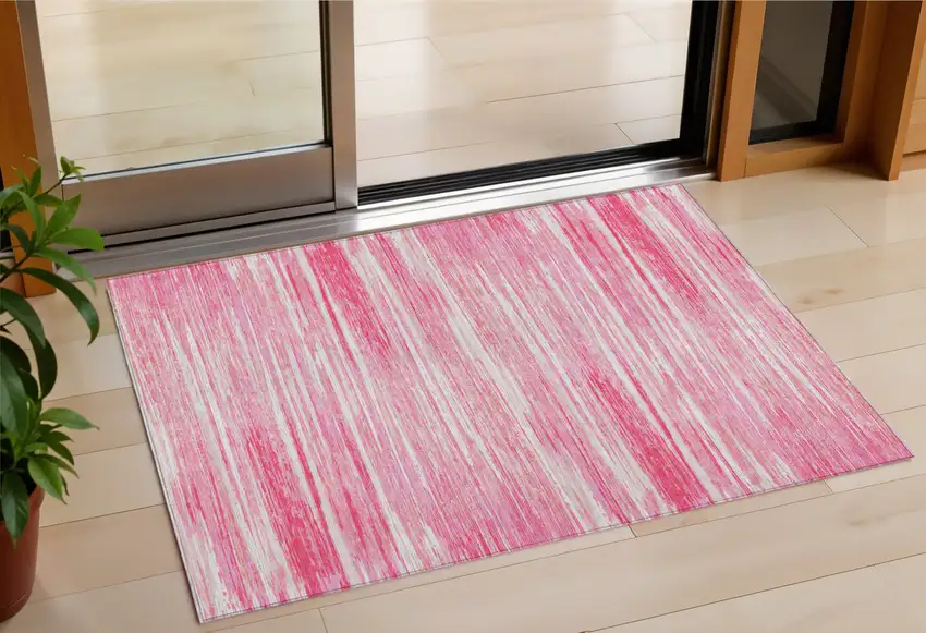 Pink And Ivory Striped Washable Indoor Outdoor Area Rug Photo 1