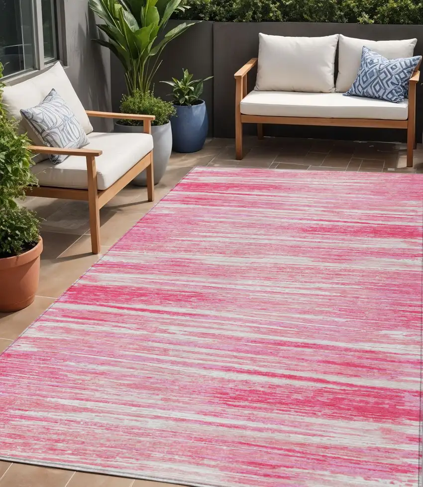 Pink And Ivory Striped Washable Indoor Outdoor Area Rug Photo 1