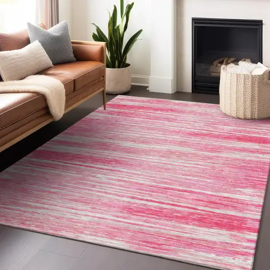 Pink And Ivory Striped Washable Indoor Outdoor Area Rug Photo 9