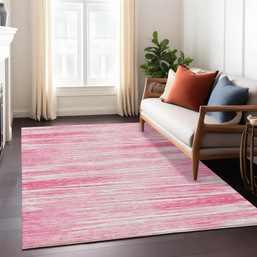 Pink And Ivory Striped Washable Indoor Outdoor Area Rug Photo 9