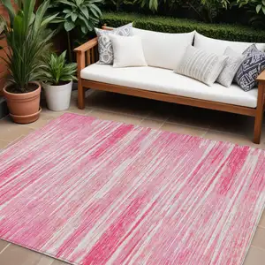 Photo of Pink And Ivory Striped Washable Indoor Outdoor Area Rug