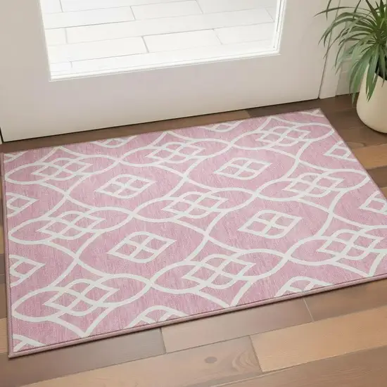 Pink And Ivory Trellis Washable Area Rug With UV Protection Photo 2