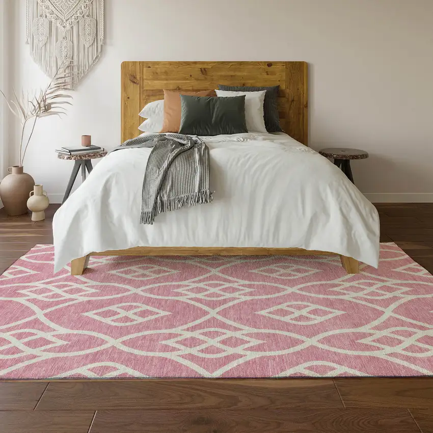 Pink And Ivory Trellis Washable Area Rug With UV Protection Photo 6