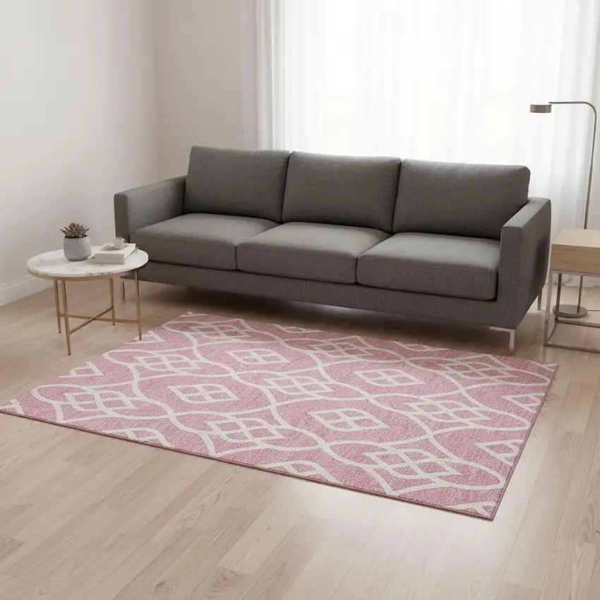 Pink And Ivory Trellis Washable Area Rug With UV Protection Photo 2