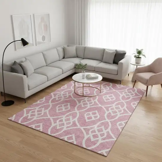 Pink And Ivory Trellis Washable Area Rug With UV Protection Photo 2