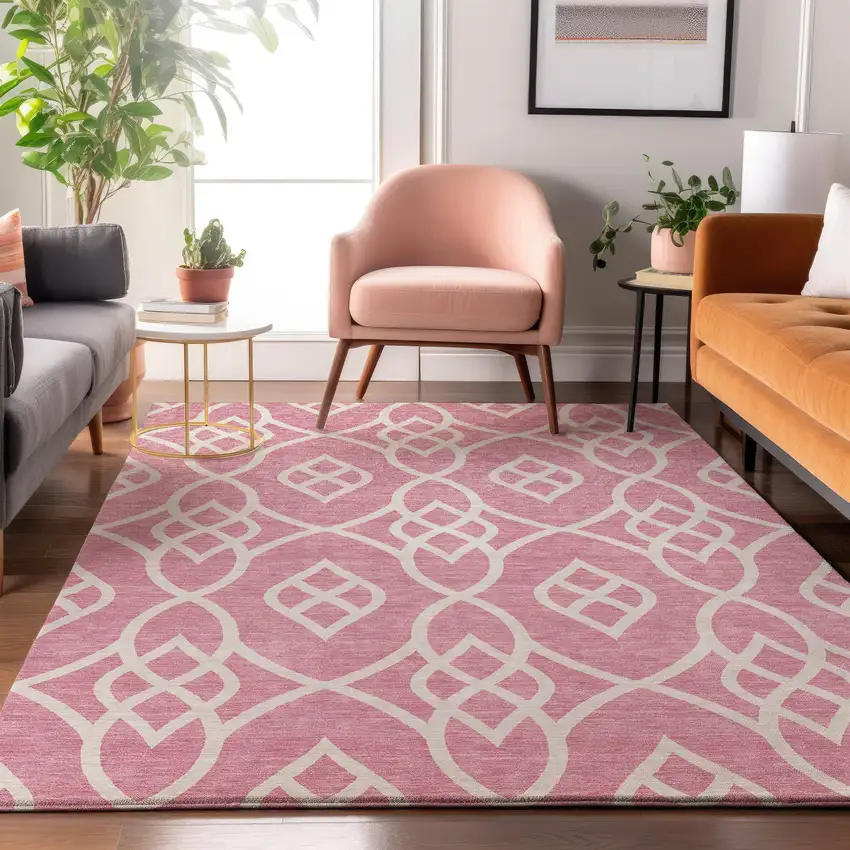Pink And Ivory Trellis Washable Area Rug With UV Protection Photo 5