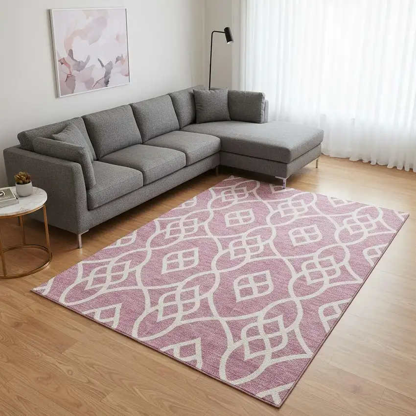 Pink And Ivory Trellis Washable Area Rug With UV Protection Photo 2