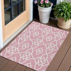 Photo of Pink And Ivory Trellis Washable Indoor Outdoor Area Rug