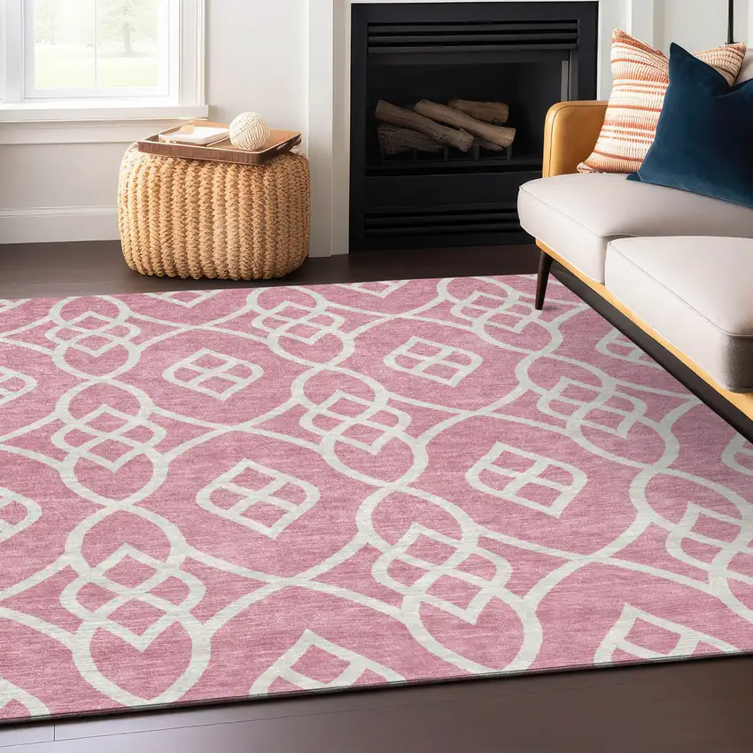Pink And Ivory Trellis Washable Indoor Outdoor Area Rug Photo 8