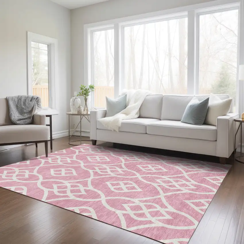 Pink And Ivory Trellis Washable Indoor Outdoor Area Rug Photo 9
