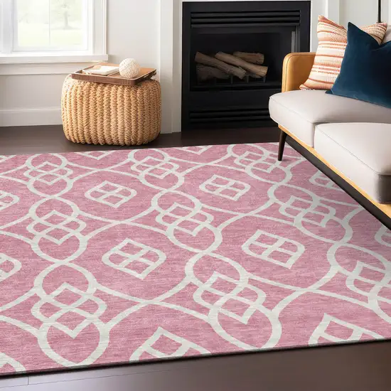 Pink And Ivory Trellis Washable Indoor Outdoor Area Rug Photo 7