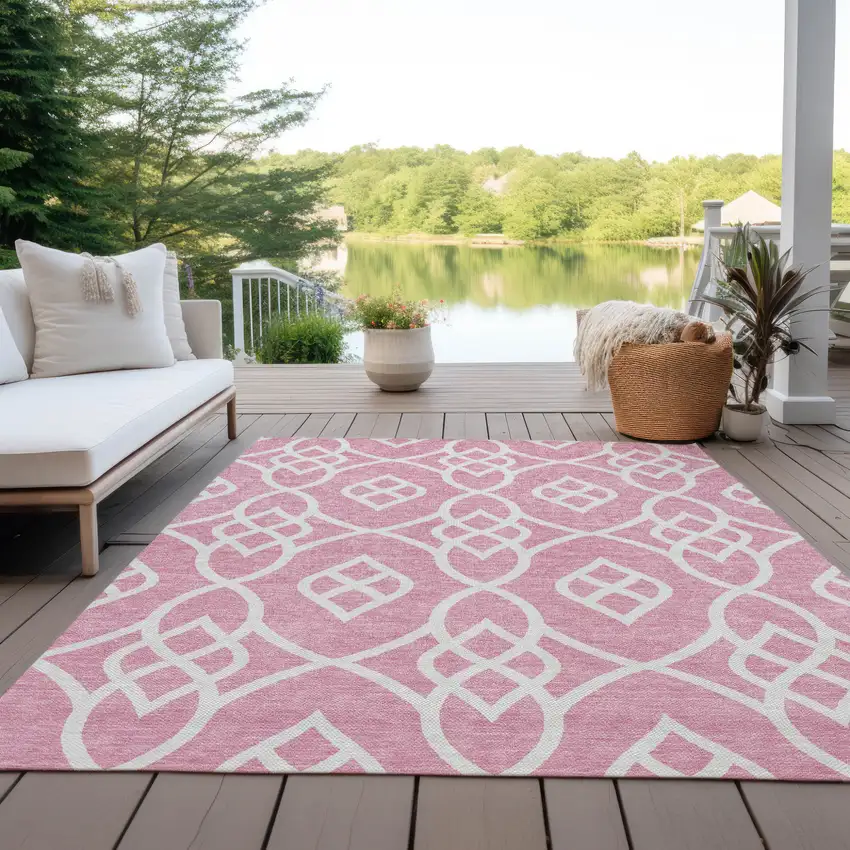 Pink And Ivory Trellis Washable Indoor Outdoor Area Rug Photo 8