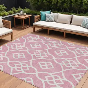 Photo of Pink And Ivory Trellis Washable Indoor Outdoor Area Rug