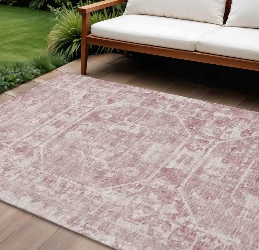Pink And Ivory Tribal Washable Indoor Outdoor Area Rug Photo 1