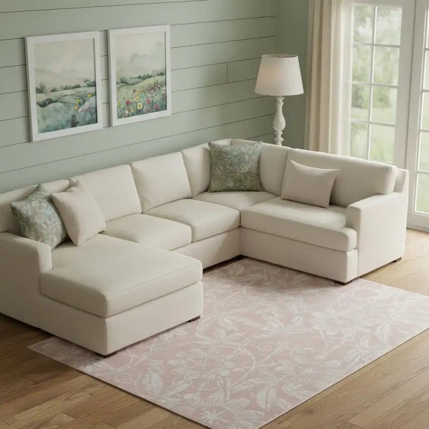 Pink And Ivory Tropical Floral Distressed Area Rug Photo 1