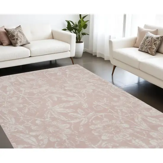 Pink And Ivory Tropical Floral Distressed Area Rug Photo 1