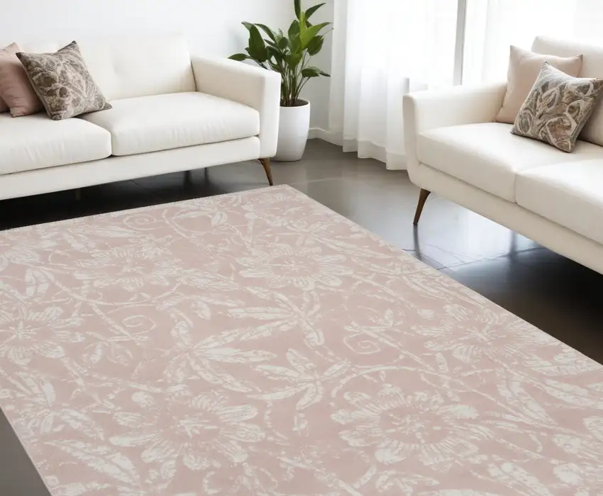 Pink And Ivory Tropical Floral Distressed Area Rug Photo 1