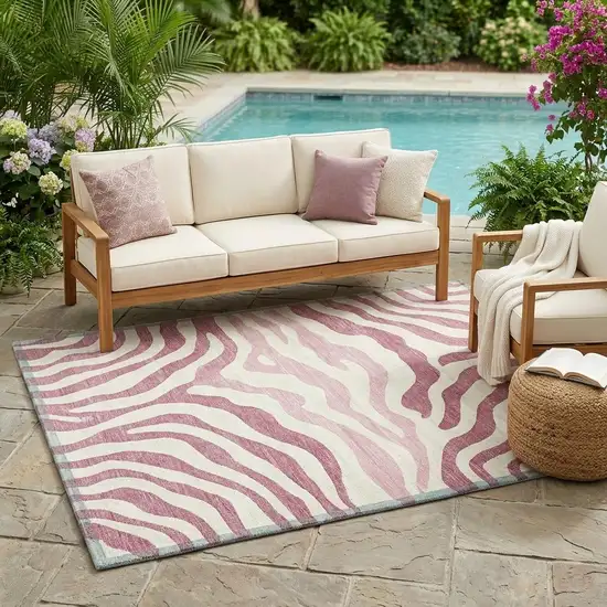 Pink And Ivory Zebra Print Washable Indoor Outdoor Area Rug Photo 1