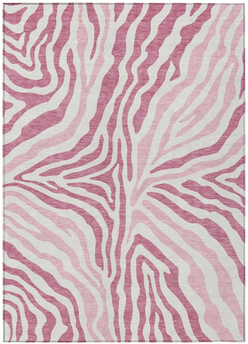 Pink And Ivory Zebra Print Washable Indoor Outdoor Area Rug Photo 5