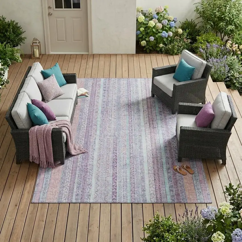 Pink And Lavender Striped Washable Indoor Outdoor Area Rug Photo 1