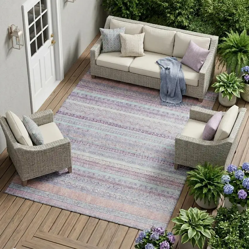 Pink And Lavender Striped Washable Indoor Outdoor Area Rug Photo 1