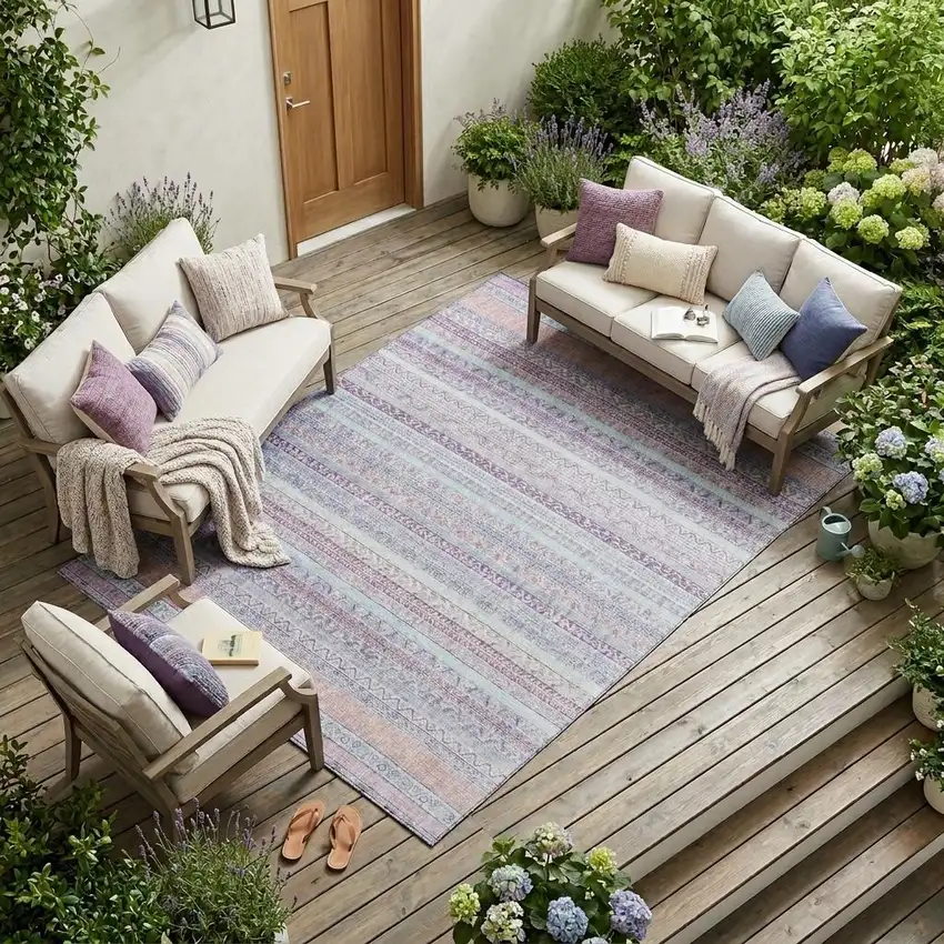 Pink And Lavender Striped Washable Indoor Outdoor Area Rug Photo 1