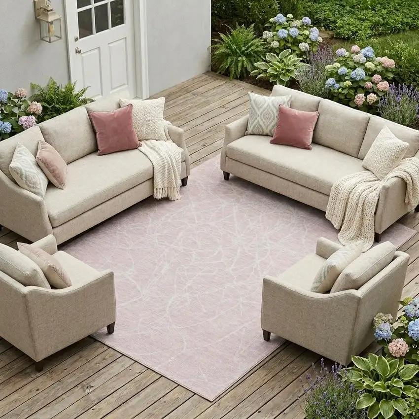 Pink And Linen Abstract Washable Indoor Outdoor Area Rug Photo 1