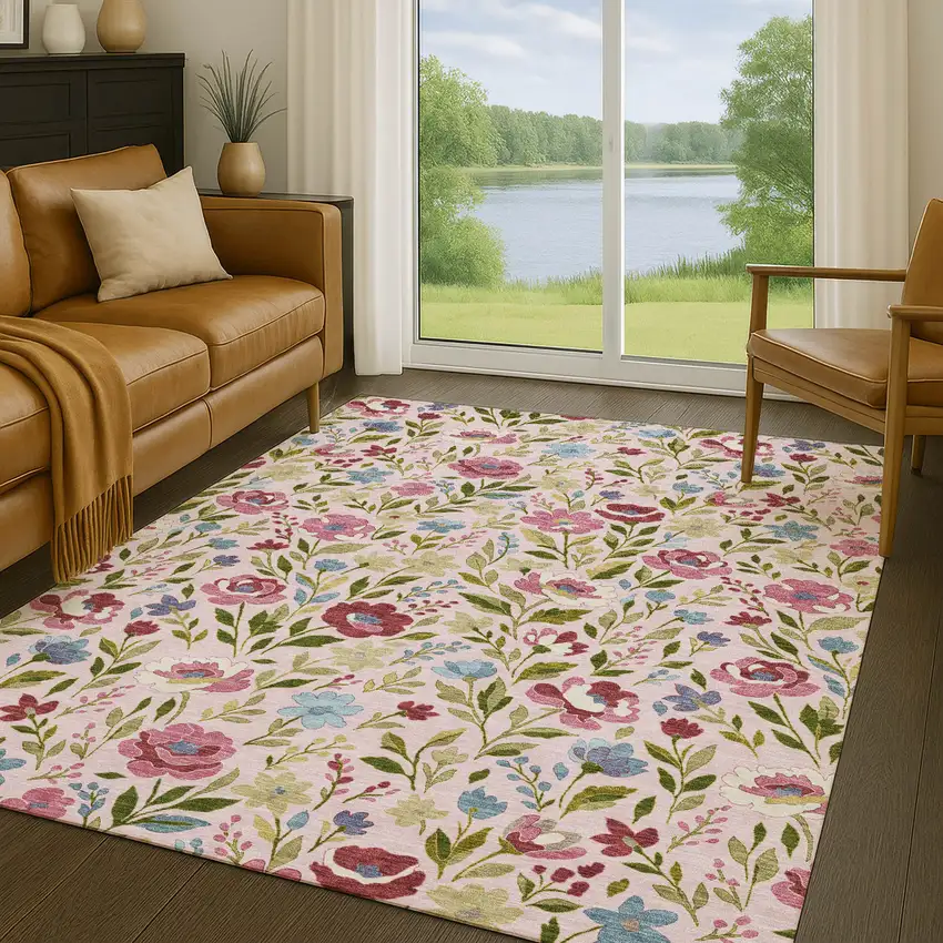 Pink And Linen Floral Washable Indoor Outdoor Area Rug Photo 5