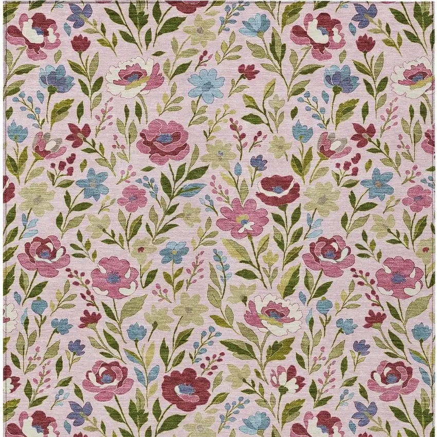Pink And Linen Floral Washable Indoor Outdoor Area Rug Photo 3