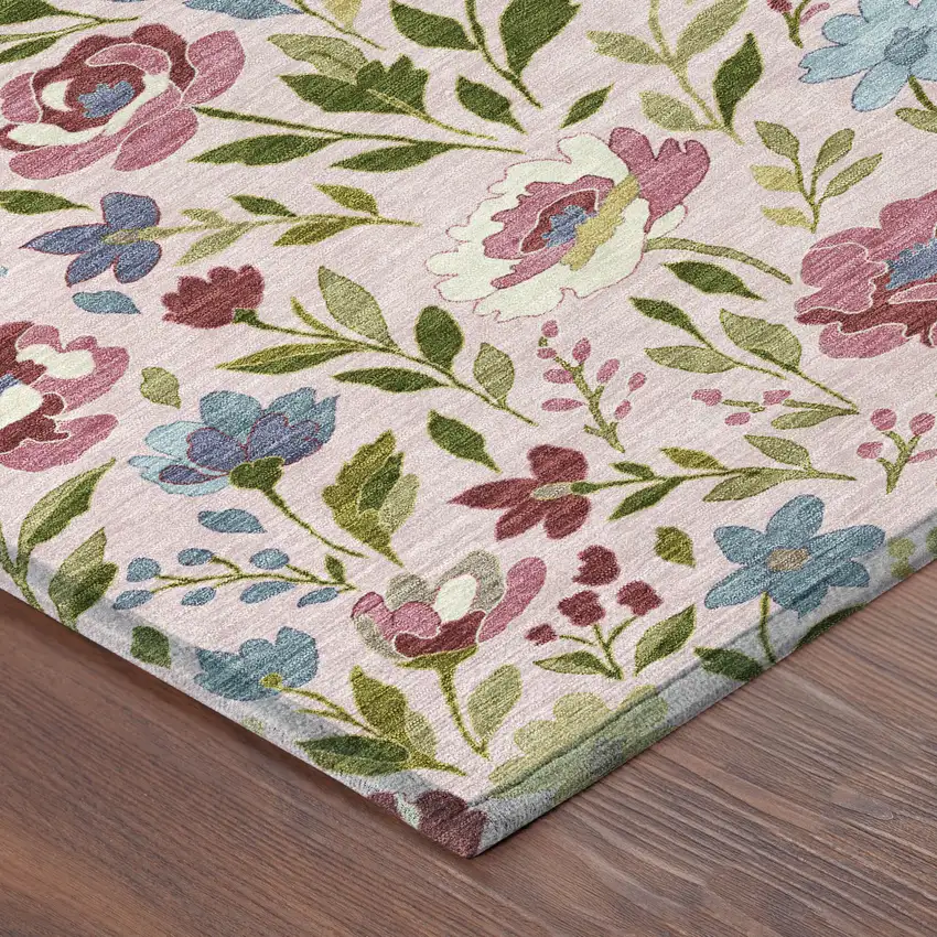 Pink And Linen Floral Washable Indoor Outdoor Area Rug Photo 8