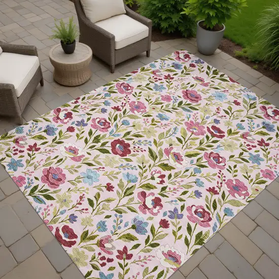 Pink And Linen Floral Washable Indoor Outdoor Area Rug Photo 7