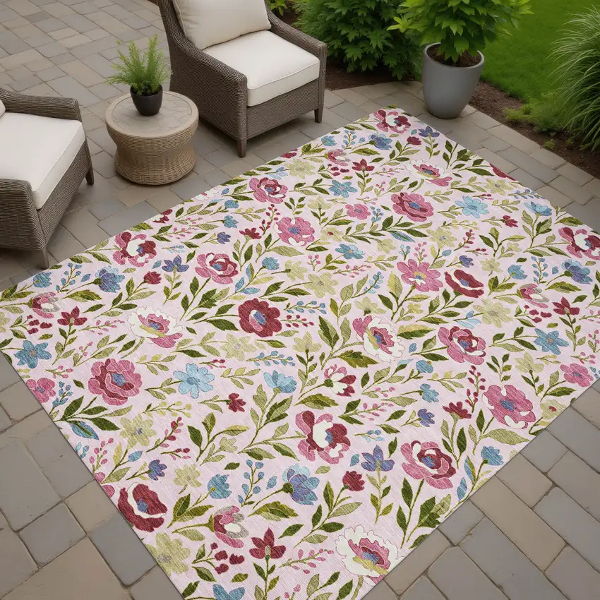 Pink And Linen Floral Washable Indoor Outdoor Area Rug Photo 7