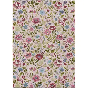 Photo of Pink And Linen Floral Washable Indoor Outdoor Area Rug