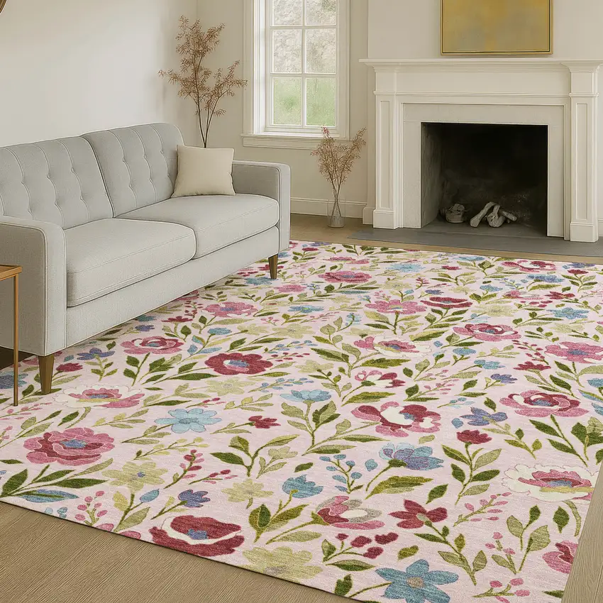 Pink And Linen Floral Washable Indoor Outdoor Area Rug Photo 6