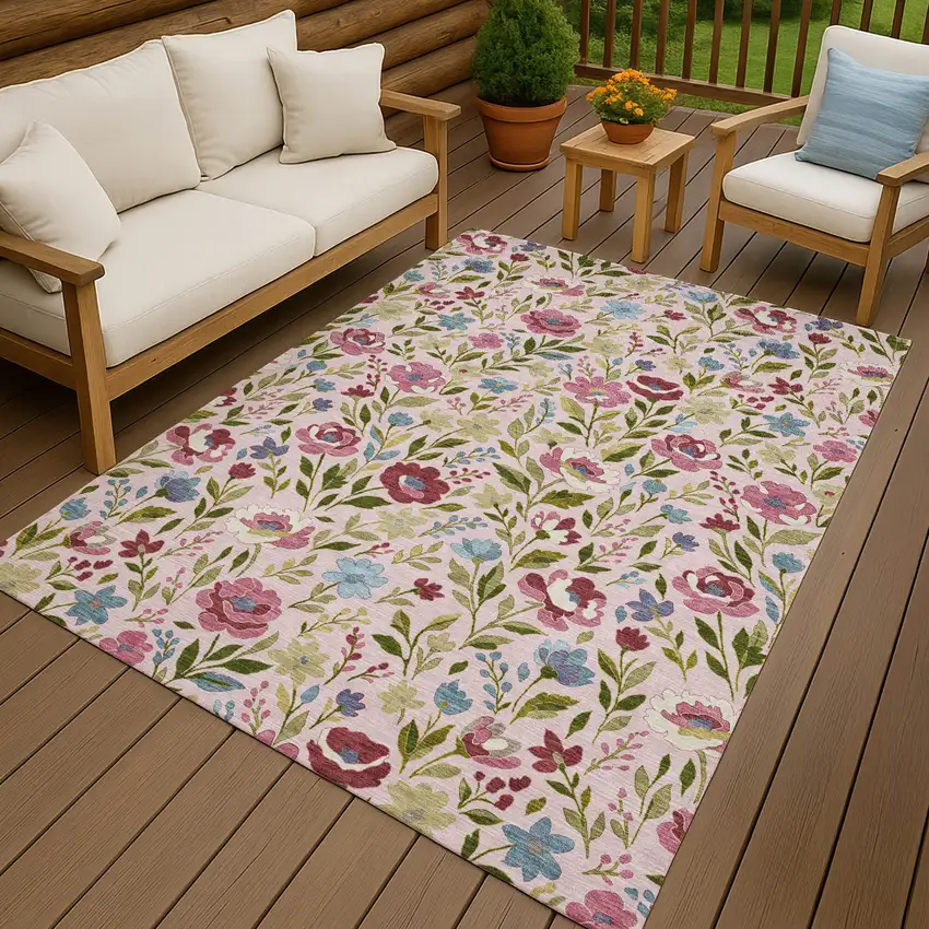 Pink And Linen Floral Washable Indoor Outdoor Area Rug Photo 4
