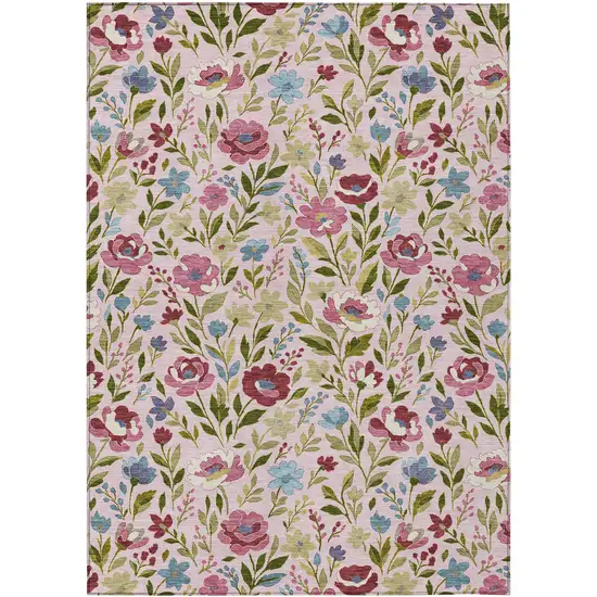 Pink And Linen Floral Washable Indoor Outdoor Area Rug Photo 1