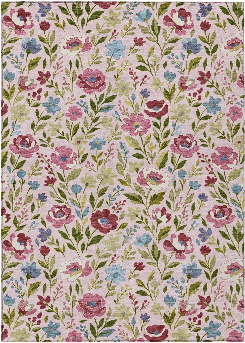 Pink And Linen Floral Washable Indoor Outdoor Area Rug Photo 1