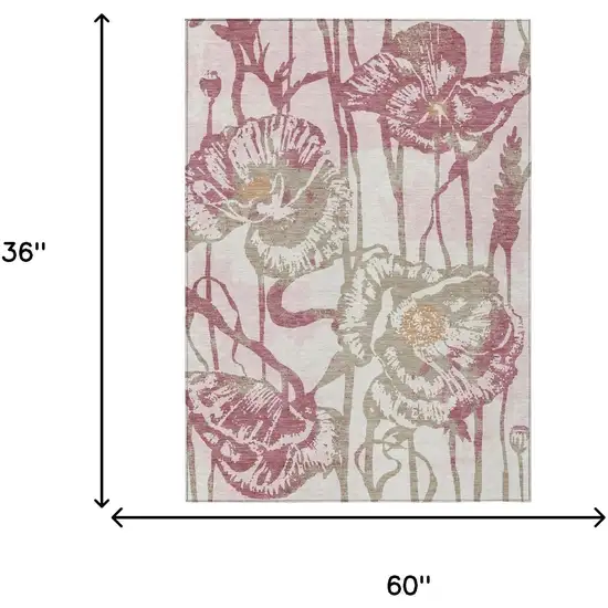 Pink And Linen Floral Washable Indoor Outdoor Area Rug Photo 6