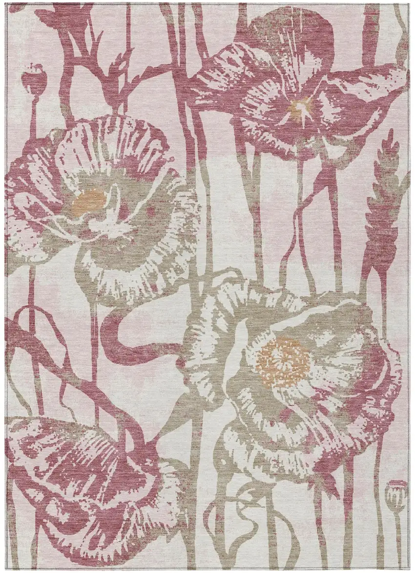 Pink And Linen Floral Washable Indoor Outdoor Area Rug Photo 1