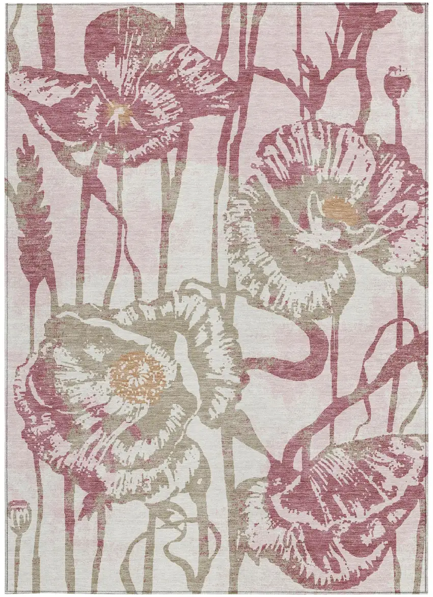 Pink And Linen Floral Washable Indoor Outdoor Area Rug Photo 3