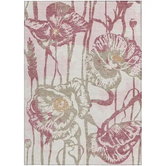 Pink And Linen Floral Washable Indoor Outdoor Area Rug Photo 3