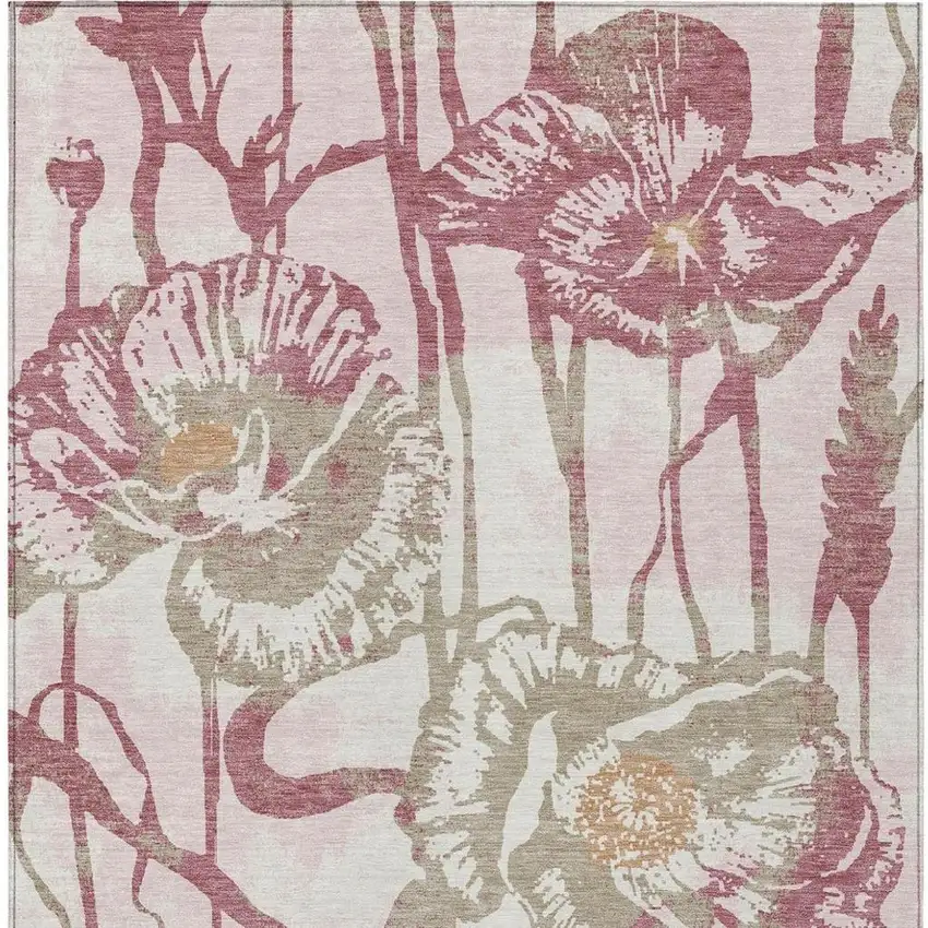 Pink And Linen Floral Washable Indoor Outdoor Area Rug Photo 1