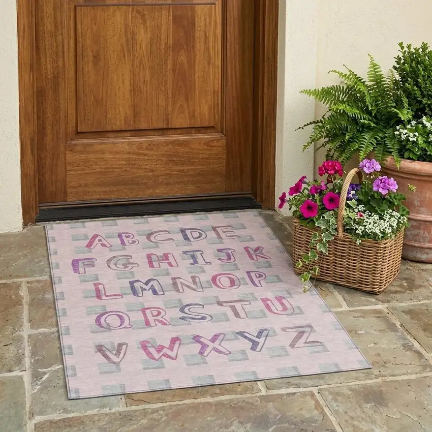 Pink And Linen Geometric Washable Indoor Outdoor Area Rug Photo 1