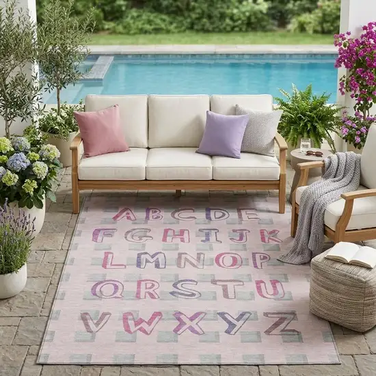Pink And Linen Geometric Washable Indoor Outdoor Area Rug Photo 1