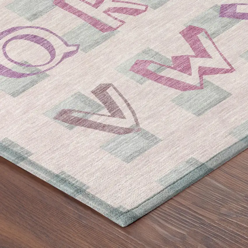 Pink And Linen Geometric Washable Indoor Outdoor Area Rug Photo 3